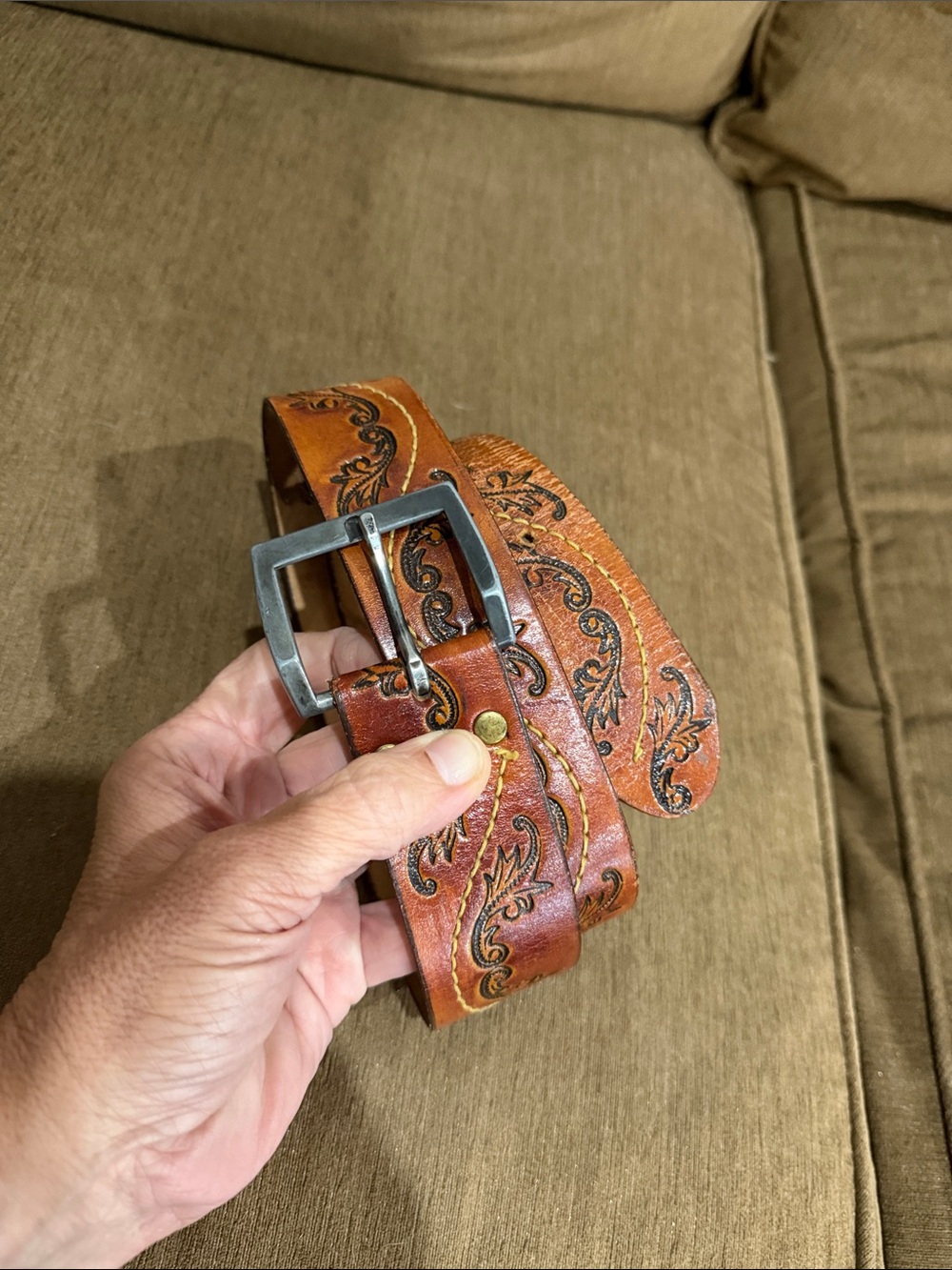Tooled Brown Leather Belt with Silver Buckle